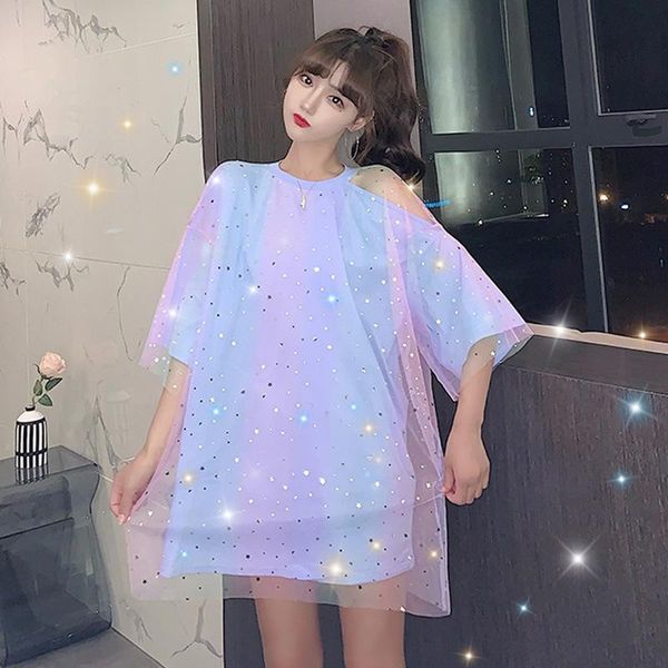 korean large size loose round neck short-sleeved t-shirt gradient color nets yarn splice mid-length female summer pullover women's, White
korean large size loose round neck short-sleeved t-shirt gradient color nets yarn splice mid-length female summer pullover women's, White