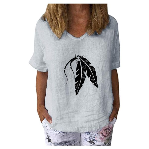 women's blouses & shirts oversize cotton linen blouse casual feathers print short sleeves loose vintage o-neck pullover shirt, White
women's blouses & shirts oversize cotton linen blouse casual feathers print short sleeves loose vintage o-neck pullover shirt, White