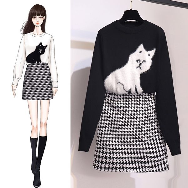 two piece dress women cat faux fur patchwork knitted sweater + high waist houndstooth tweed mini skirt set autumn winter piec, White
two piece dress women cat faux fur patchwork knitted sweater + high waist houndstooth tweed mini skirt set autumn winter piec, White