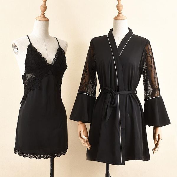 women's sleepwear 2pcs kimono robe set lace casual flare sleeve home clothing intimate lingerie patchwork nightwear bathrobe gown, Black;red
women's sleepwear 2pcs kimono robe set lace casual flare sleeve home clothing intimate lingerie patchwork nightwear bathrobe gown, Black;red