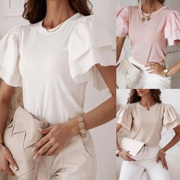 women's blouses & shirts office lady elegant o-neck solid simple blouse summer fashion ruffle short sleeve design women casual slim pu, White 
women's blouses & shirts office lady elegant o-neck solid simple blouse summer fashion ruffle short sleeve design women casual slim pu, White