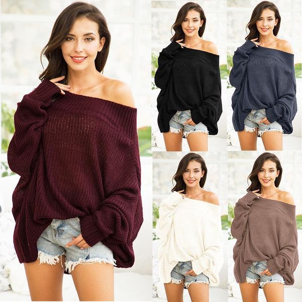 plus size women sweaters slash neck solid 2021 autumn knitted casual elegant pullovers women's, White;black