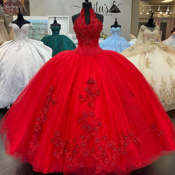 2022 exquisite red halter ball gown quinceanera prom dresses mexican 3d floral flowers patterned lace applique corset xv evening party dress, Blue;red
2022 exquisite red halter ball gown quinceanera prom dresses mexican 3d floral flowers patterned lace applique corset xv evening party dress, Blue;red