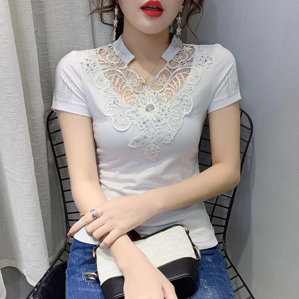 women's t-shirt summer korean style girls lace embroidery drilling v-neck women hollow out shiny diamonds shirt tees, White
women's t-shirt summer korean style girls lace embroidery drilling v-neck women hollow out shiny diamonds shirt tees, White