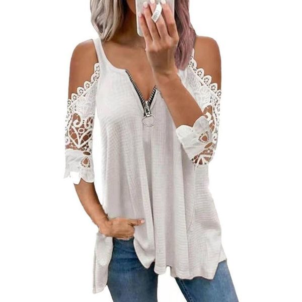 women's t-shirt summer half sleeve lace shirt women casual zipper v neck loose t plus size hollow out elegant pullover, White
women's t-shirt summer half sleeve lace shirt women casual zipper v neck loose t plus size hollow out elegant pullover, White