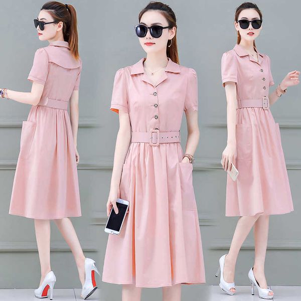 french style dress summer women's waist belt office lady turn-down collar knee-length 210603, Black;gray
french style dress summer women's waist belt office lady turn-down collar knee-length 210603, Black;gray
