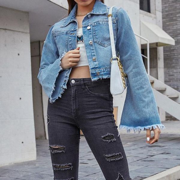 women's jackets 2021 womens denim jacket flared sleeves pocket cropped short fashion trend ladies loose shirt buttons, Black;brown
women's jackets 2021 womens denim jacket flared sleeves pocket cropped short fashion trend ladies loose shirt buttons, Black;brown