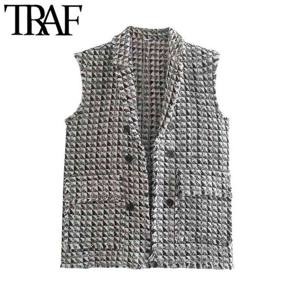 women fashion with frayed trim tweed waistcoat vintage sleeveless pockets female chic 210507, Black;white
women fashion with frayed trim tweed waistcoat vintage sleeveless pockets female chic 210507, Black;white