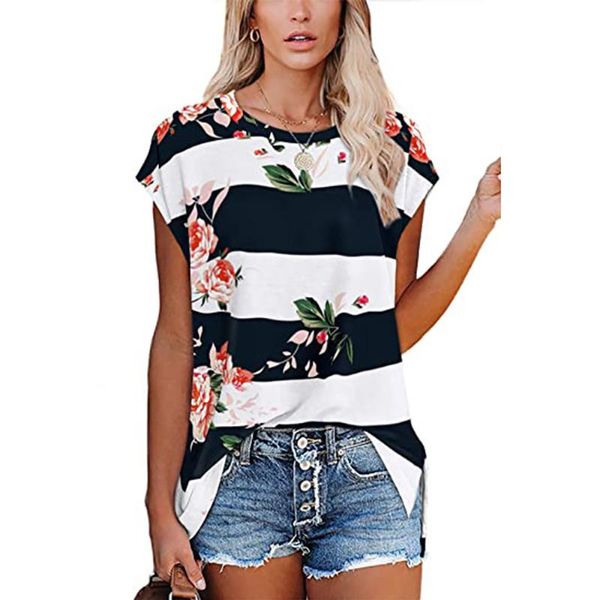 women's t-shirt floral print drop shoulder loose tees round neck striped summer elegant d30, White
women's t-shirt floral print drop shoulder loose tees round neck striped summer elegant d30, White