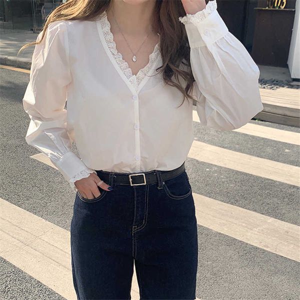female stylish plus ruffles blouses white lace ol sweet v-neck slim streetwear shirts 210706
female stylish plus ruffles blouses white lace ol sweet v-neck slim streetwear shirts 210706