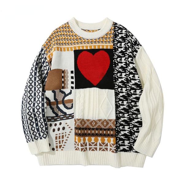 men's sweaters 2021 harajuku streetwear color block patchwork heart knitted jumpers hip hop fashion casual sweater men, White;black
men's sweaters 2021 harajuku streetwear color block patchwork heart knitted jumpers hip hop fashion casual sweater men, White;black