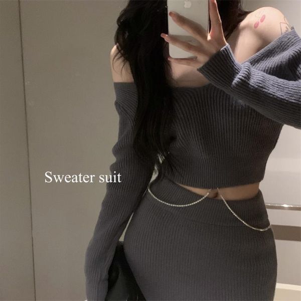 women's sweaters fashion off-shoulder short sweater suit women autumn and winter 2021 gray base pullover + mid-length skirt, White;black
women's sweaters fashion off-shoulder short sweater suit women autumn and winter 2021 gray base pullover + mid-length skirt, White;black