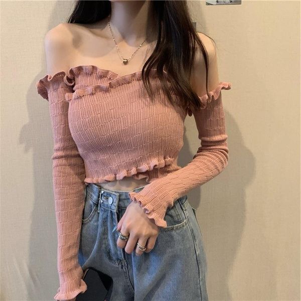 women's t-shirt girls off shoulder teens vintage slim cropped knitting tshirt korean bandage tee long sleeve summer for women, White
women's t-shirt girls off shoulder teens vintage slim cropped knitting tshirt korean bandage tee long sleeve summer for women, White