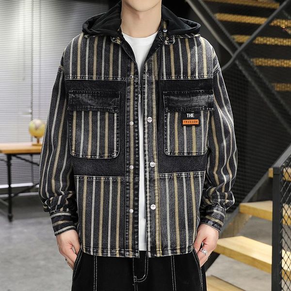 men's jackets casual hooded jean coat for men 2021 autumn korean loose cargo vintage striped hoodie chaqueta de los hombres, Black;brown
men's jackets casual hooded jean coat for men 2021 autumn korean loose cargo vintage striped hoodie chaqueta de los hombres, Black;brown