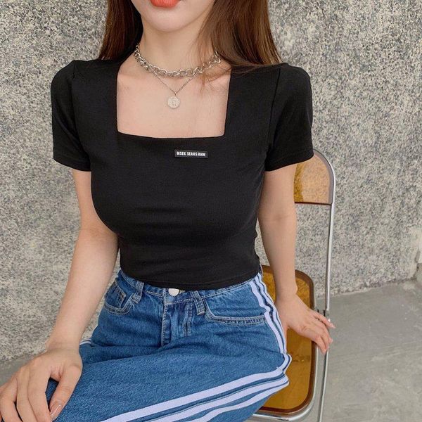 women's t-shirt internet korean style slimming and all-matching square collar clavicle short slim high waist leaking, White
women's t-shirt internet korean style slimming and all-matching square collar clavicle short slim high waist leaking, White