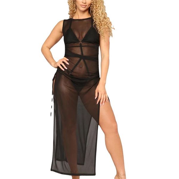 women's swimwear mesh sheer see through bikini cover-up dress women high split lace-up swimsuit beachwear bathing cover-ups, White;black
women's swimwear mesh sheer see through bikini cover-up dress women high split lace-up swimsuit beachwear bathing cover-ups, White;black