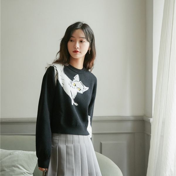 women's knits & tees black cat cartoon sweater and pullovers winter knitted women casual jumper fashion clothing aw06, White
women's knits & tees black cat cartoon sweater and pullovers winter knitted women casual jumper fashion clothing aw06, White
