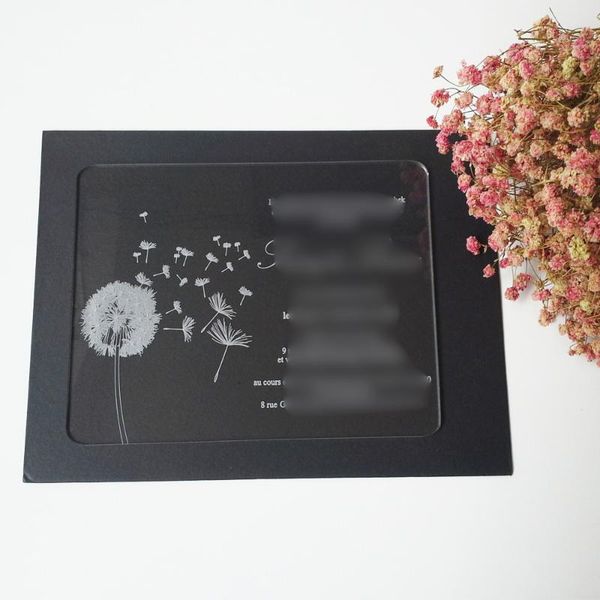 greeting cards 100pcs per lot dandelion 5*7inch rectangle shape laser engraved letters clear acrylic wedding invitation card
greeting cards 100pcs per lot dandelion 5*7inch rectangle shape laser engraved letters clear acrylic wedding invitation card