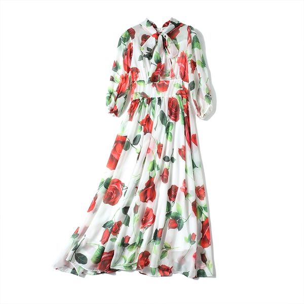 long dress runway spring women's boho beach fashion red rose print elegant chic chiffon dresses 210603, Black;gray
long dress runway spring women's boho beach fashion red rose print elegant chic chiffon dresses 210603, Black;gray