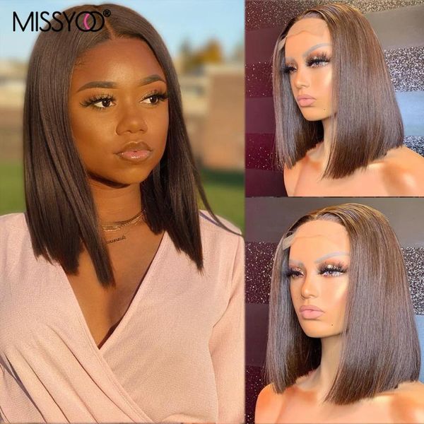 straight short human hair brazilian wigs 180% density brown bob 13x1 t part lace wig for black women 18inches, Black;brown