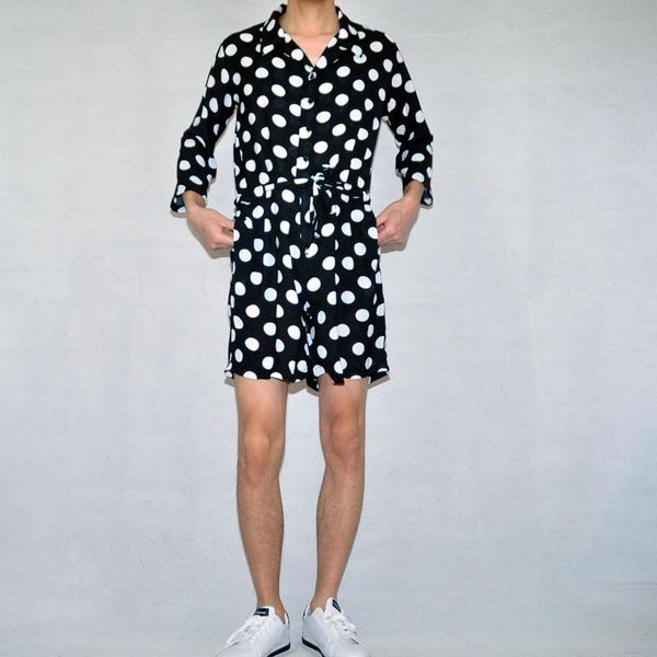 original tide men spring and summer loose lapel jumpsuit shorts sleeves conjoined clothes wave point personality drawstring one men's, White;black
original tide men spring and summer loose lapel jumpsuit shorts sleeves conjoined clothes wave point personality drawstring one men's, White;black