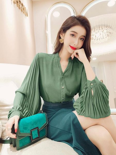 women fashion v-neck pleated lantern sleeve chiffon blouse korean trendy style shirt women's blouses & shirts, White
women fashion v-neck pleated lantern sleeve chiffon blouse korean trendy style shirt women's blouses & shirts, White