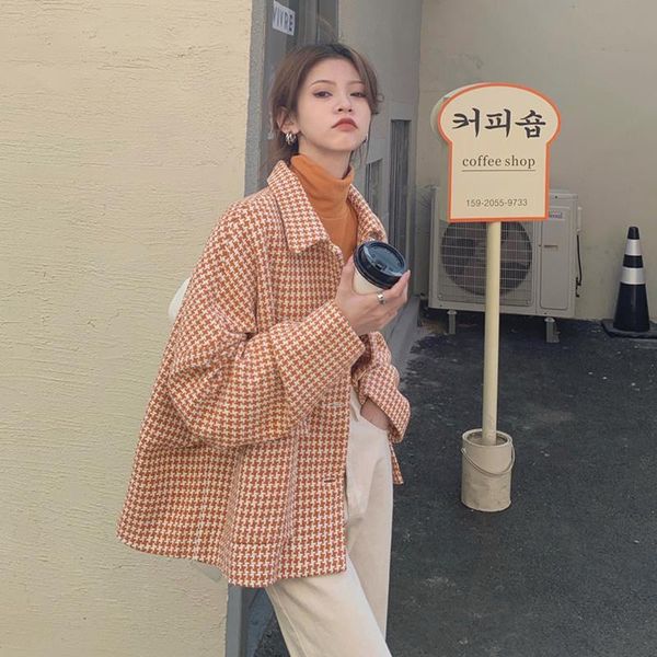 women's wool & blends loose orange plaid woolen coat spring autumn 2021 thick long-sleeved jacket fashion single-breasted manteau femme, Black
women's wool & blends loose orange plaid woolen coat spring autumn 2021 thick long-sleeved jacket fashion single-breasted manteau femme, Black