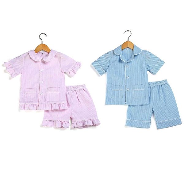 summer girls sleepwear kids pyjamas cotton seersucker boys clothes pajama set toddler pajamas 210903, Blue;red