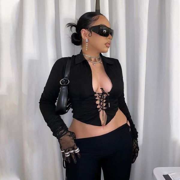 women's t-shirt hollow bandage exposed navel women ladies spring long sleeve lapel slim crop solid color wild chic shirt, White
women's t-shirt hollow bandage exposed navel women ladies spring long sleeve lapel slim crop solid color wild chic shirt, White