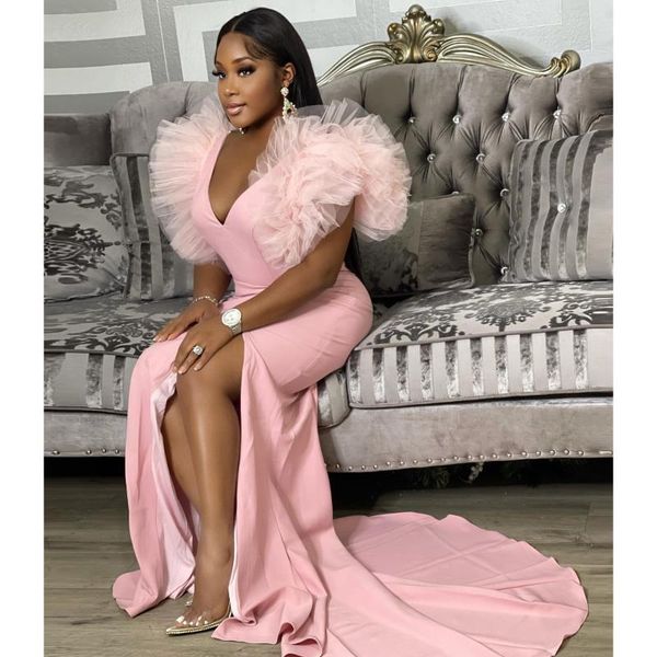 party dresses graceful pink evening dress ruffles puffy short sleeves prom gowns side split v neck floor length custom made, White;black
party dresses graceful pink evening dress ruffles puffy short sleeves prom gowns side split v neck floor length custom made, White;black