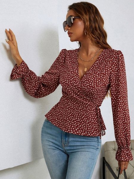 dalmatian print flounce sleeve tie side blouse q3sh#, White 
dalmatian print flounce sleeve tie side blouse q3sh#, White