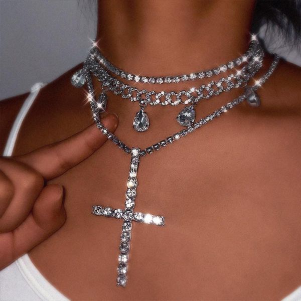 chains iced out paved rhinestone cuban link chain necklaces for women chunky crystal multi-layer cross pendent necklace punk jewelry, Silver
chains iced out paved rhinestone cuban link chain necklaces for women chunky crystal multi-layer cross pendent necklace punk jewelry, Silver