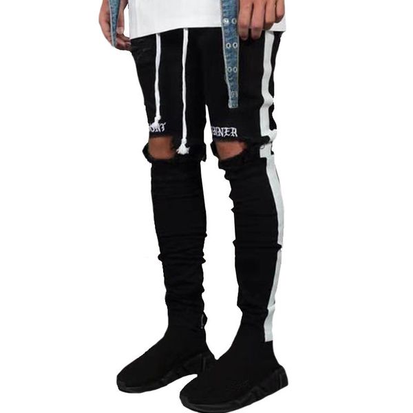 skinny jeans men knee hole ripped embroidery skiny pencil pants side striped drawstring denim clothing men's, Blue
skinny jeans men knee hole ripped embroidery skiny pencil pants side striped drawstring denim clothing men's, Blue