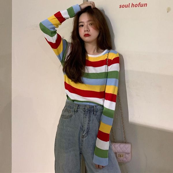 women's t-shirt korean rainbow striped long sleeve women 2021 slim stretch knitted t shirt schoolgirl street style clothes, White
women's t-shirt korean rainbow striped long sleeve women 2021 slim stretch knitted t shirt schoolgirl street style clothes, White