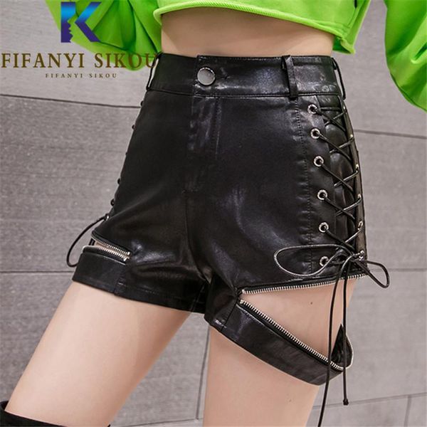women's shorts black pu leather women 2021 fashion zipper bandage high waist wide leg short pants female summer loose biker, White;black
women's shorts black pu leather women 2021 fashion zipper bandage high waist wide leg short pants female summer loose biker, White;black