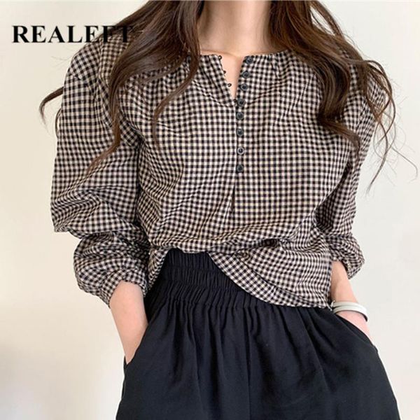 women's blouses & shirts realeft 2021 vintage plaid blouse spring turn-down collar loose female single breasted ladies, White
women's blouses & shirts realeft 2021 vintage plaid blouse spring turn-down collar loose female single breasted ladies, White