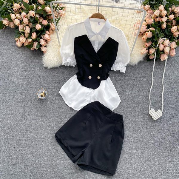 women's tracksuits casual women short suits 2pcs fake two piece patchwork puff sleeve + high waist zipper wide leg shorts summer sets, Gray
women's tracksuits casual women short suits 2pcs fake two piece patchwork puff sleeve + high waist zipper wide leg shorts summer sets, Gray