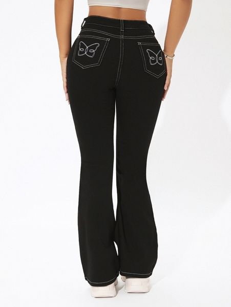 petite butterfly pattern flare leg jeans n8wn#, Blue