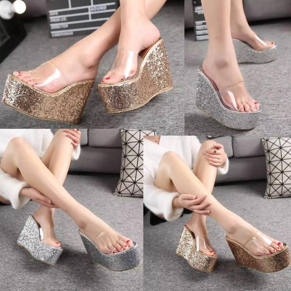 slippers 14cm summer slope heel high sandals super platform fish mouth shoes transparent sequins, Black
slippers 14cm summer slope heel high sandals super platform fish mouth shoes transparent sequins, Black