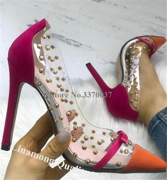 dress shoes linamong brand design pointed toe pvc patchwork bowtie decorated pumps rivet transparent stiletto heels wedding, Black
dress shoes linamong brand design pointed toe pvc patchwork bowtie decorated pumps rivet transparent stiletto heels wedding, Black