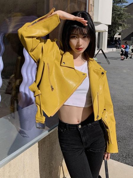 women's leather & faux short motorcycle jacket women pu fashion zipper loose 2021 autumn basic jackets, Black
women's leather & faux short motorcycle jacket women pu fashion zipper loose 2021 autumn basic jackets, Black