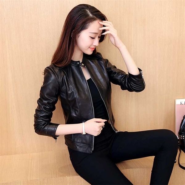 personality women leather jacket single washed pu motorcycle slim female soft large black 211215
personality women leather jacket single washed pu motorcycle slim female soft large black 211215