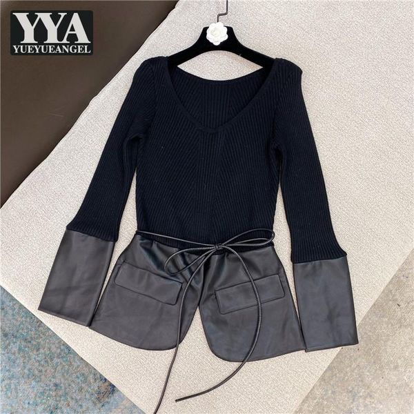 women's t-shirt women long sleeve knitting t shirt fashion spring black white patchwork asymmetrical pu leather slim fit v neck casual
women's t-shirt women long sleeve knitting t shirt fashion spring black white patchwork asymmetrical pu leather slim fit v neck casual