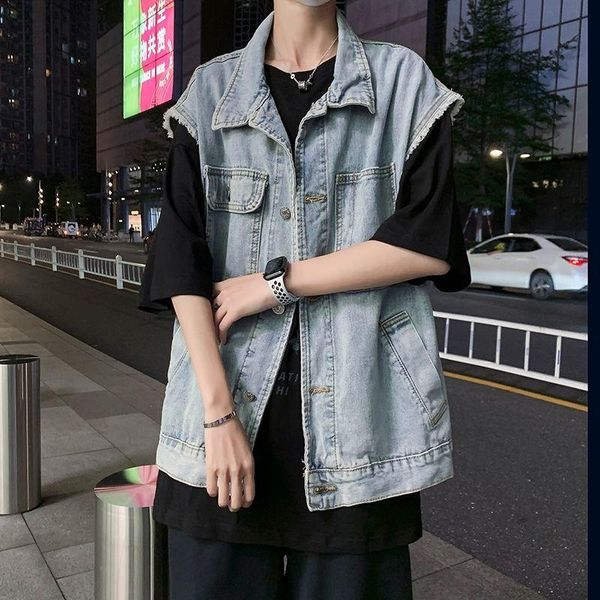 retro denim vest men's fashion brand personality trend jacket hong kong style sleeveless clothes loose vests, Black;white
retro denim vest men's fashion brand personality trend jacket hong kong style sleeveless clothes loose vests, Black;white