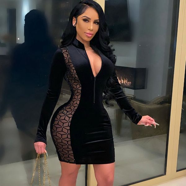 new year party dress women elegant front zipper mesh patchwork slim black velvet dress long sleeve mini bodycon club dress, Black;white
new year party dress women elegant front zipper mesh patchwork slim black velvet dress long sleeve mini bodycon club dress, Black;white