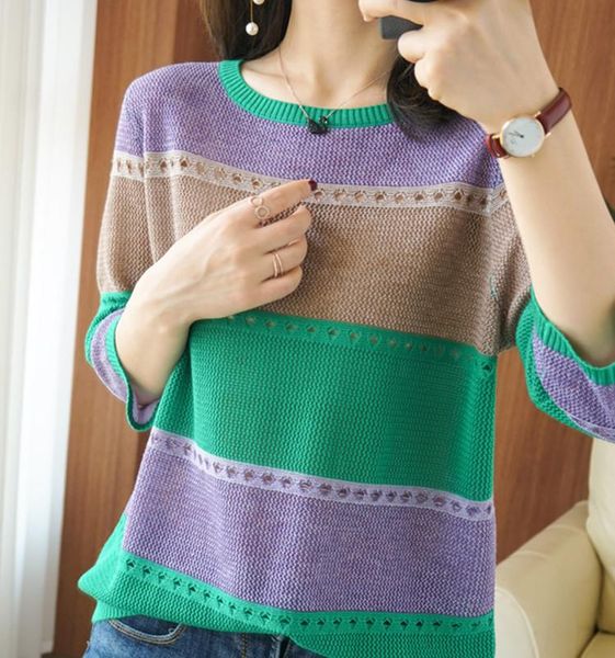 women's t-shirt original design thin woolen knitted short sleeve sweater for women 2021 o-neck hollow out color stripe fashion base shi, White
women's t-shirt original design thin woolen knitted short sleeve sweater for women 2021 o-neck hollow out color stripe fashion base shi, White