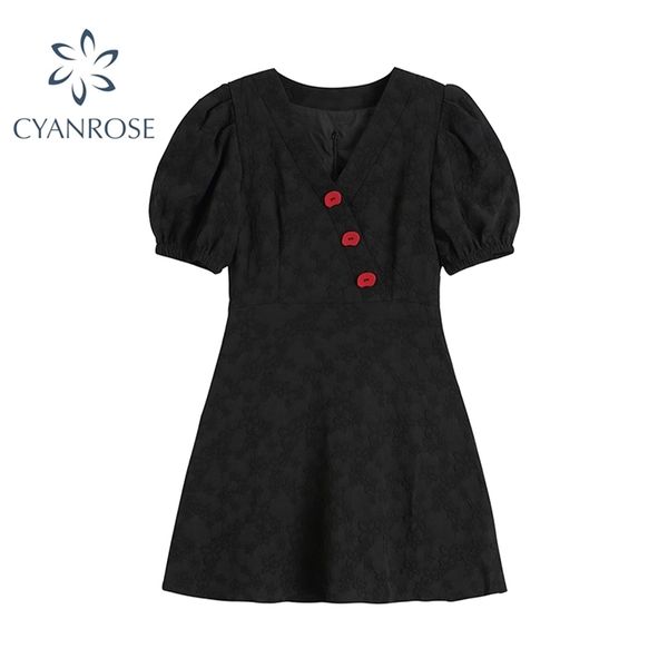 puff sleeve a-line preppy style black french vintage dress women summer loose elegant korean chic v-neck girl 210515, Black;gray 
puff sleeve a-line preppy style black french vintage dress women summer loose elegant korean chic v-neck girl 210515, Black;gray
