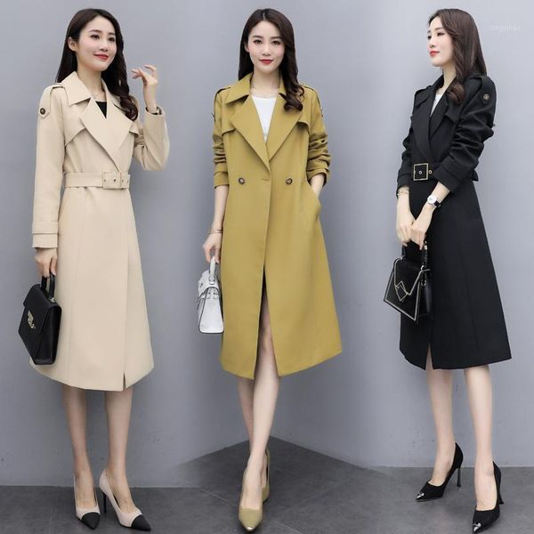 women's trench coats 2021 autumn trend windbreaker elegant waist belt loose black khaki yellow spring long coat for women outwear, Tan;black
women's trench coats 2021 autumn trend windbreaker elegant waist belt loose black khaki yellow spring long coat for women outwear, Tan;black