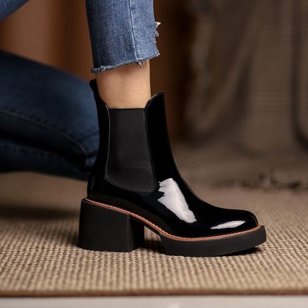 dress shoes fashion women patent leather boots round toe chunky platform winter modern punk lwhw, Black
dress shoes fashion women patent leather boots round toe chunky platform winter modern punk lwhw, Black