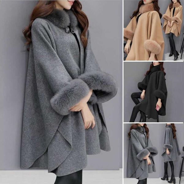 women's wool & blends coat cape faux collar flare sleeve poncho fur ladies fashion winter, Black
women's wool & blends coat cape faux collar flare sleeve poncho fur ladies fashion winter, Black